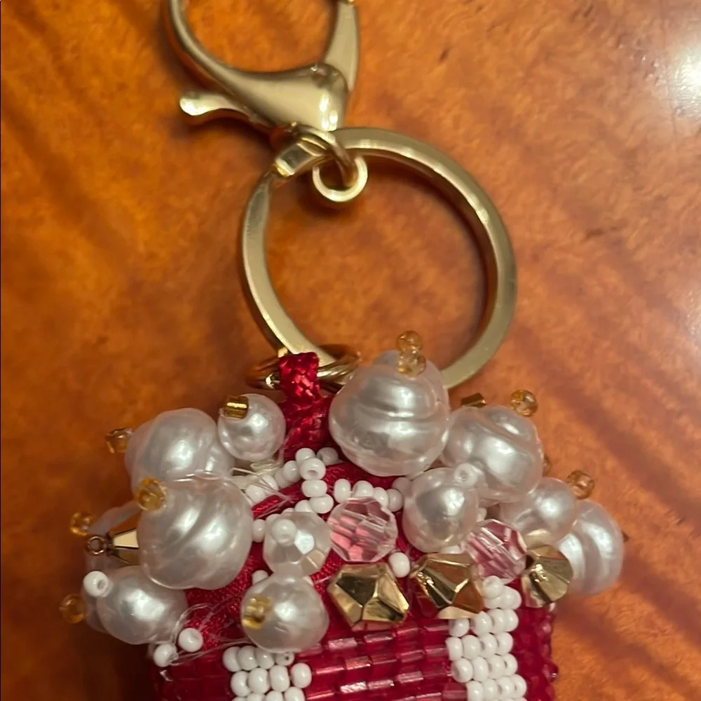 Red and White Beaded Keychain bag charm popcorn design